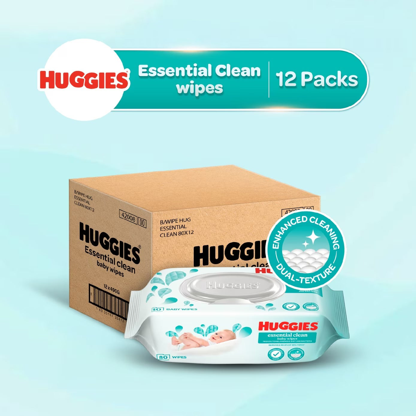 HUGGIES Essential Clean Baby Wipes 80s x 12