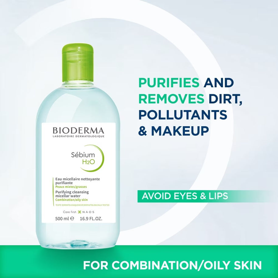 Bioderma Sebium H2O Purifying Micellar Water (Facial Non-Rinse Cleanser for Oily, Acne-Prone Skin) 500ml