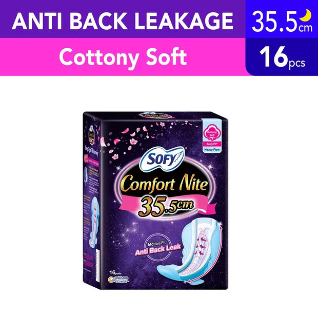 Sofy Comfort Nite Cottony Soft Motion Fit Anti-Back Leakage Sanitary Pad Night Wing 35.5cm (For Heavy Flow) 16s