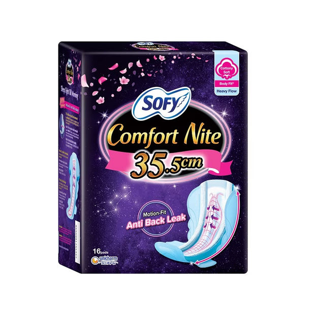 Sofy Comfort Nite Cottony Soft Motion Fit Anti-Back Leakage Sanitary Pad Night Wing 35.5cm (For Heavy Flow) 16s