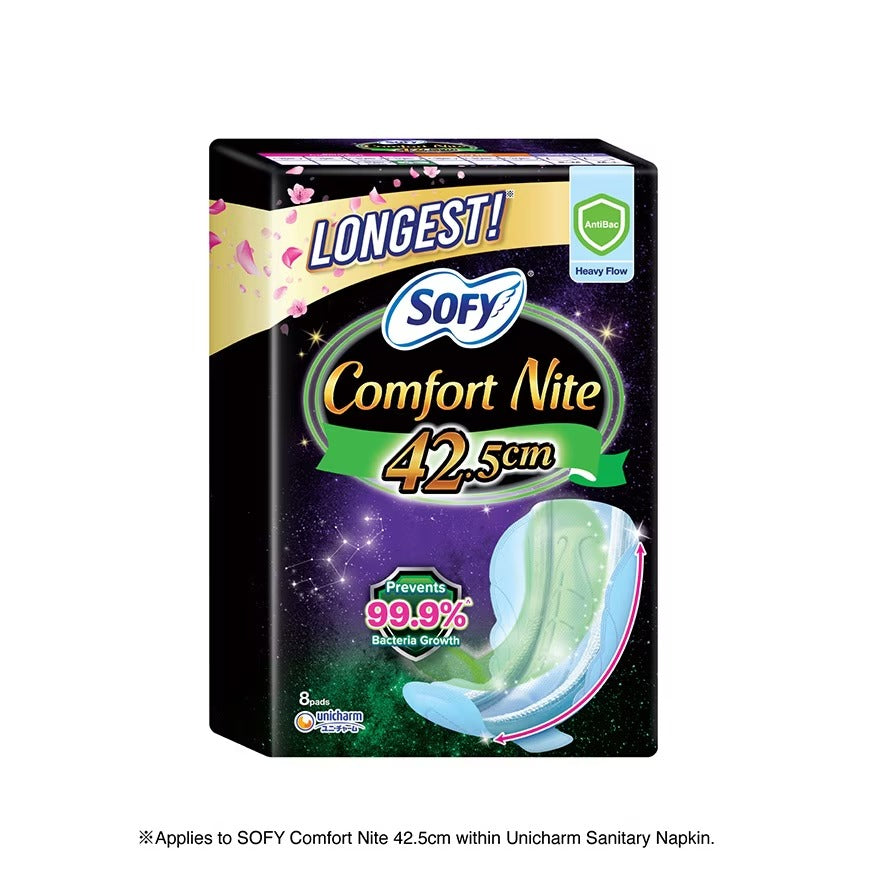 Sofy Comfort Nite Anti-Bacterial Odour Care Anti-Back Leakage Sanitary Pad Night Wing 42.5cm (For Heavy Flow) 8s