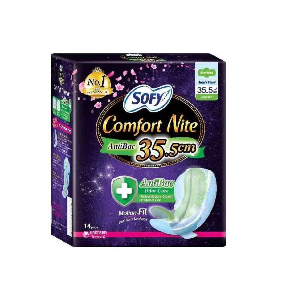 Sofy Comfort Nite Anti Bacterial Odor Care Motion Fit Anti-Back Leakage Sanitary Pad Night Wing 35.5cm (For Heavy Flow) 14s
