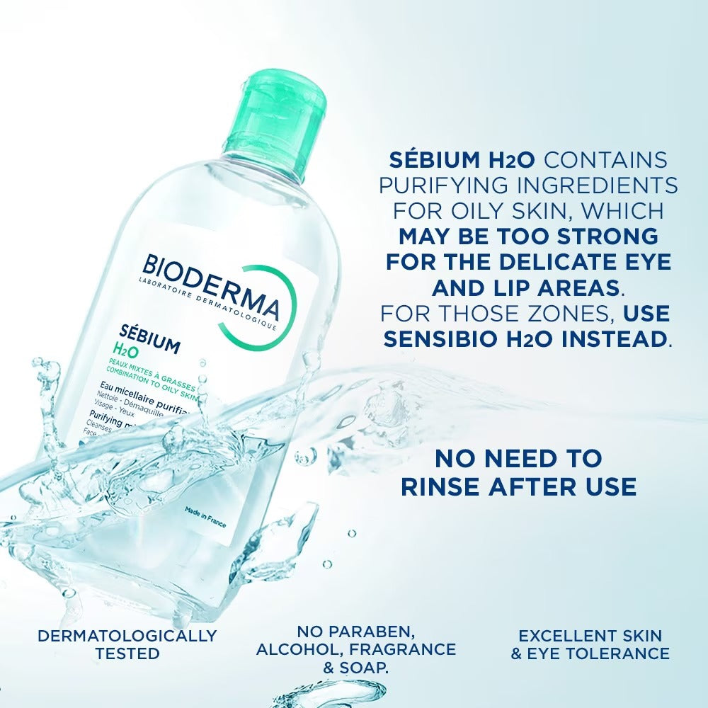 Bioderma Sebium H2O Purifying Micellar Water (Facial Non-Rinse Cleanser for Oily, Acne-Prone Skin) 500ml