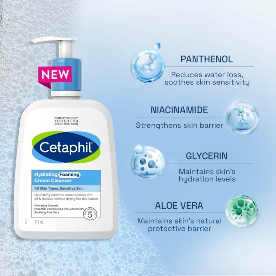 Cetaphil Hydrating Foaming Cream Cleanser (For Normal To Dry, Sensitive Skin With Prebiotic Aloe) 473ml