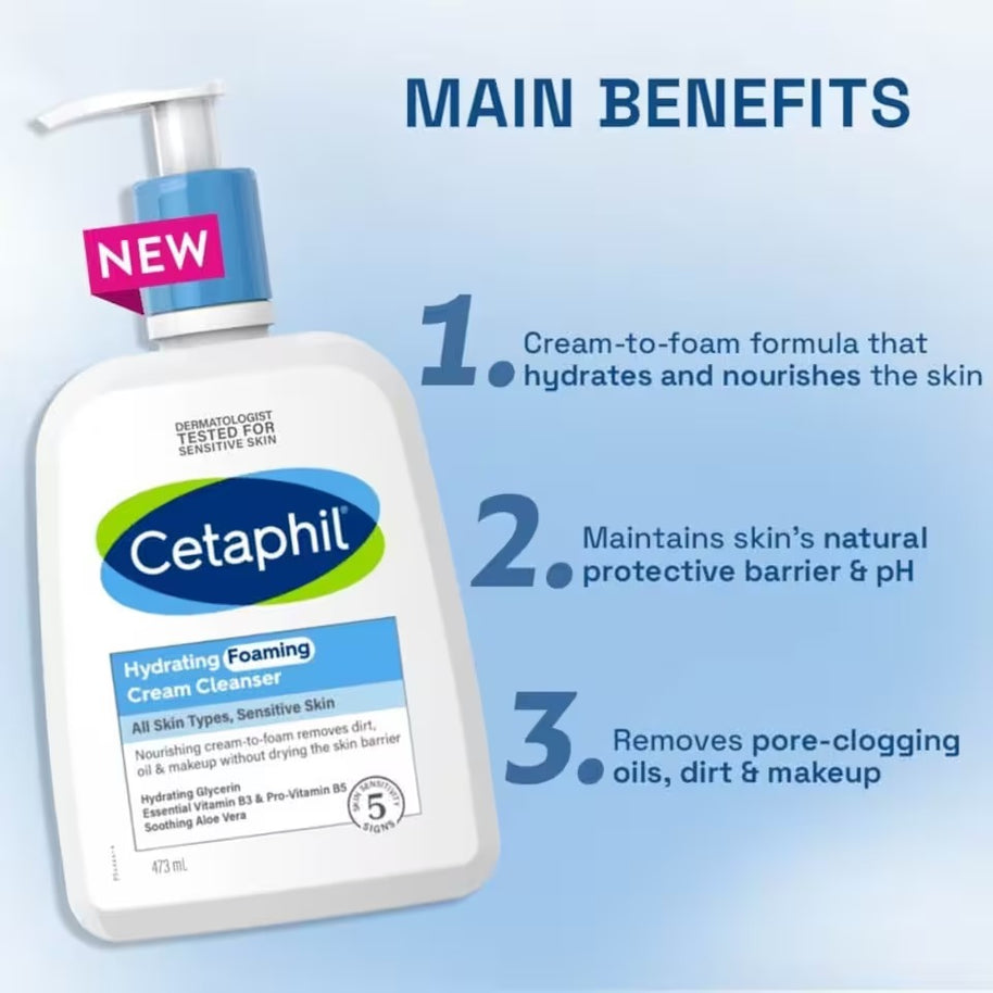 Cetaphil Hydrating Foaming Cream Cleanser (For Normal To Dry, Sensitive Skin With Prebiotic Aloe) 473ml